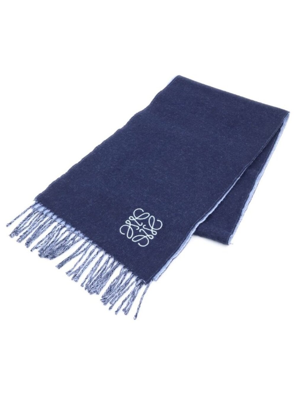 Loewe Anagram Logo Embroidery Wool Fringe Scarf Navy